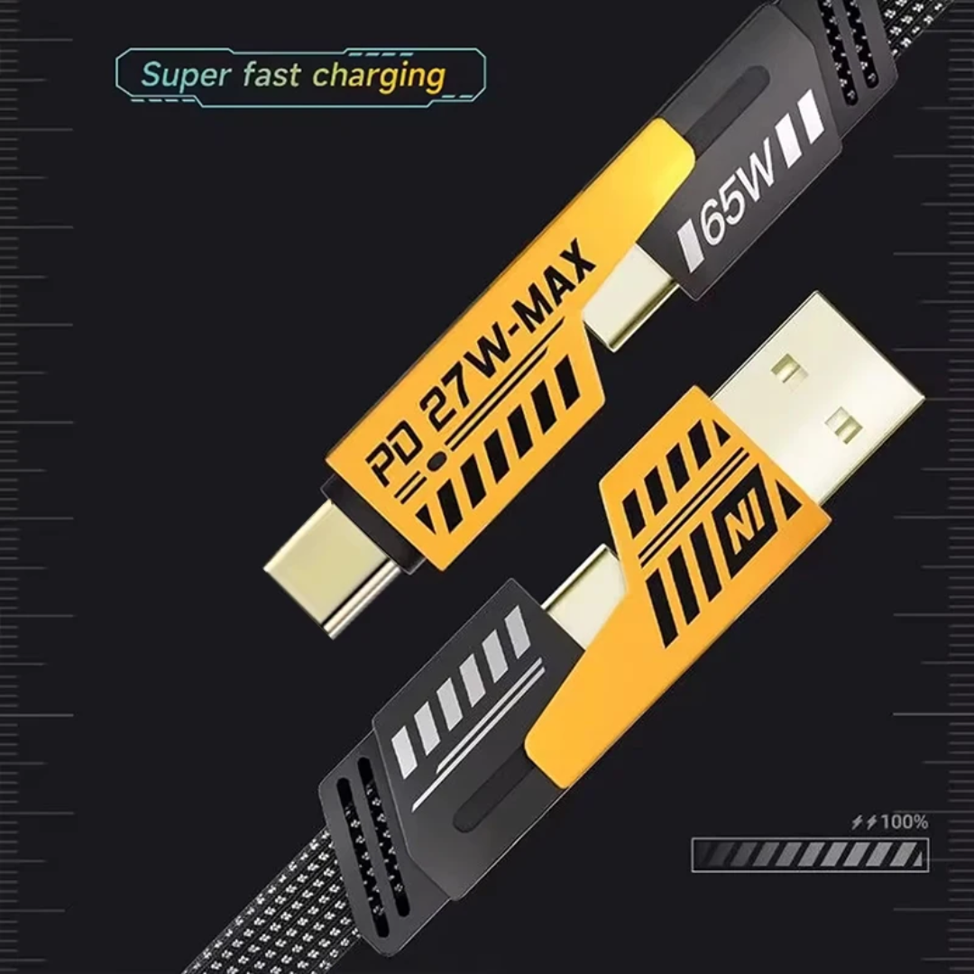 A  multi-functional fast charging cable with labeled ports for Lightning, USB-C, and Micro USB plugged into phones and tablets.