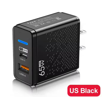65W Fast Charger Dual Port | USB-C PD 33W + QC 3.0 Wall Adapter for Phones, Tablets & Laptops