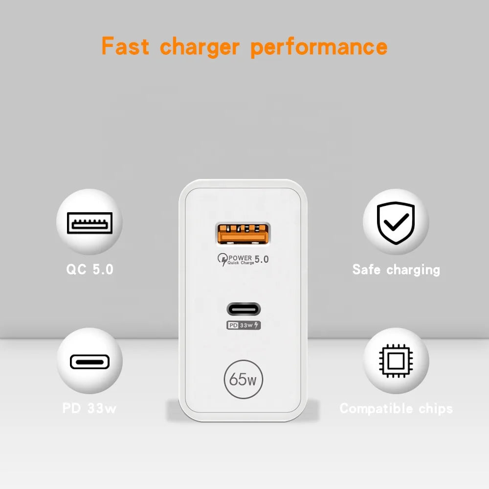 65W Universal Fast Charger | USB-C PD33W + QC 3.0 Wall Plug for Phones, Laptops, Tablets